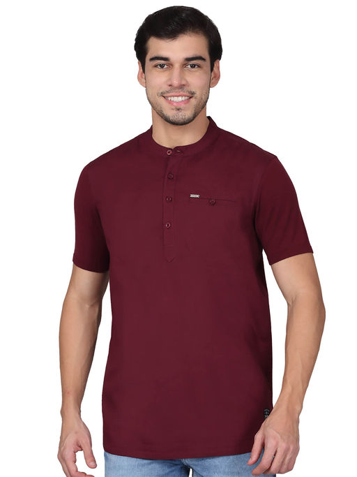 Cantabil Mens Solid Wine Mandarin Collar Regular Fit Half Sleeves T-Shirt