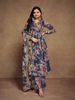 Odette - Blue Chiffon Printed Angarkha Kurta with Palazzo & Dupatta (Set of 3)
