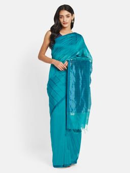 Fabindia - Turquoise Cotton Silk Maheshwari Woven Saree without Blouse