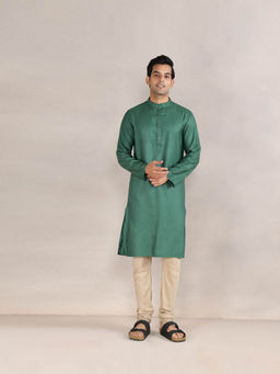 Fabindia - Green Viscose Blend Dobby Slim Fit Long Kurta
