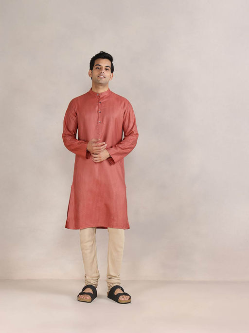Fabindia Rust Viscose Blend Dobby Slim Fit Long Kurta