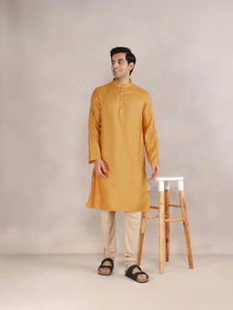 Fabindia - Mustard Viscose Blend Dobby Slim Fit Long Kurta