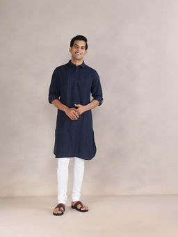Fabindia - Navy Blue Cotton Dobby Slim Fit Pathani Kurta