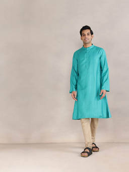 Fabindia - Blue Viscose Silk Printed Long Kurta