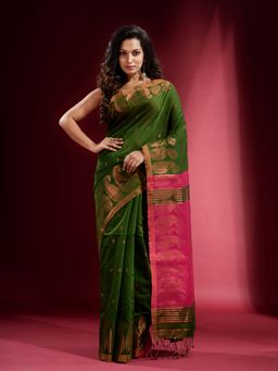 CHARUKRITI - Sap Green with Zari Paisley Motif Saree with Unstitched Blouse