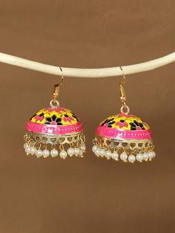 OOMPH - Yellow & Pink Floral Meenakari Ethnic Jhumka Earrings