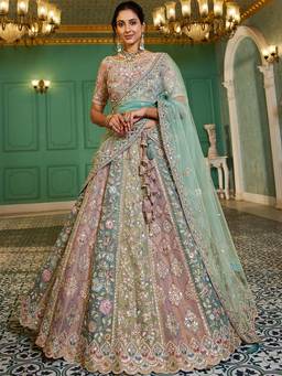 Panchhi - Multi-Color Moti Embroidery Semi-Stitched Lehenga Choli & Dupatta with Belt (Set of 4)