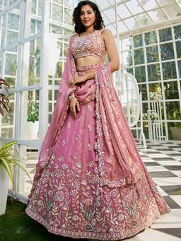 Panchhi - Pink Thread Embroidery Semi-Stitched Lehenga with Blouse & Dupatta (Set of 3)