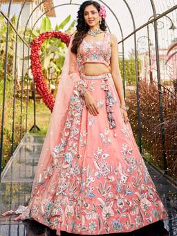 Panchhi - Pink Thread embroidery Semi-Stitched Lehenga with Blouse & Dupatta (Set of 3)