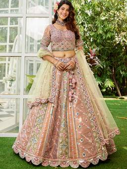Panchhi - Pink Bridal Moti Embroidery Semi-Stitched Lehenga with Blouse & Dupatta (Set of 3)