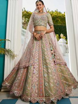 Panchhi - Green Bridal Moti Embroidery Semi-Stitched Lehenga with Blouse & Dupatta (Set of 3)