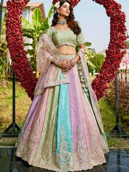 Panchhi - Green Satin Silk Semi-Stitched Lehenga with Blouse & Dupatta (Set of 3)