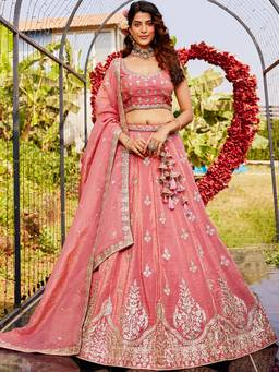 Panchhi - Pink Moti Embroidery Semi-Stitched Lehenga with Blouse & Dupatta (Set of 3)