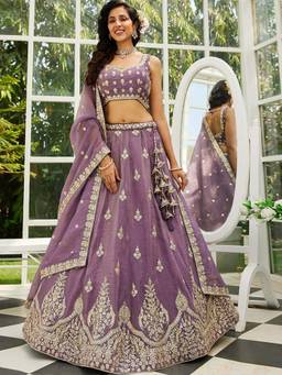 Panchhi - Purple Moti Embroidery Semi-Stitched Lehenga with Blouse & Dupatta (Set of 3)