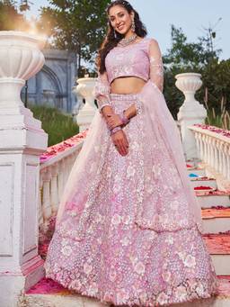 Panchhi - Pink Zarkan Embroidery Semi-Stitched Lehenga with Blouse & Dupatta (Set of 3)