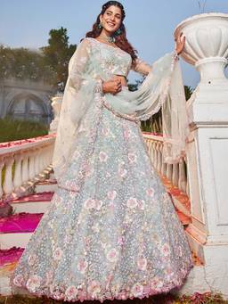 Panchhi - Sea Green Zarkan Embroidery Semi-Stitched Lehenga with Blouse & Dupatta (Set of 3)