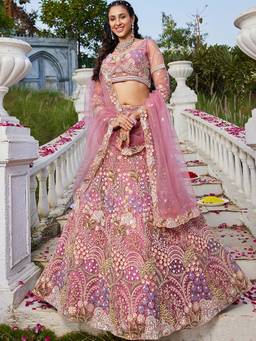 Panchhi - Pink Zarkan Embroidery Semi-Stitched Lehenga with Blouse & Dupatta (Set of 3)
