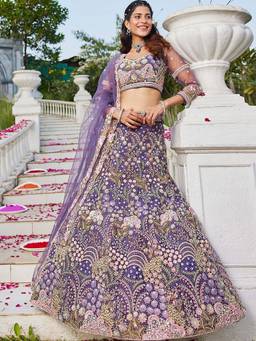 Panchhi - Purple Zarkan Embroidery Semi-Stitched Lehenga with Blouse & Dupatta (Set of 3)
