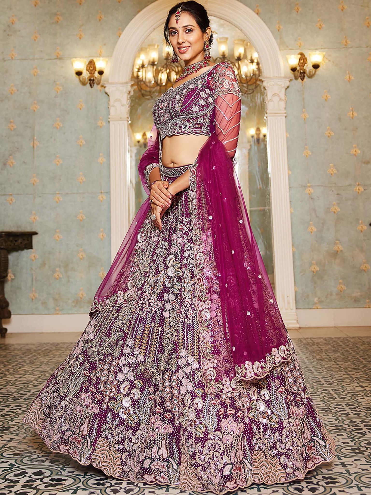 Burgundy Zarkan Embroidery Semi-Stitched Lehenga with Blouse & Dupatta 