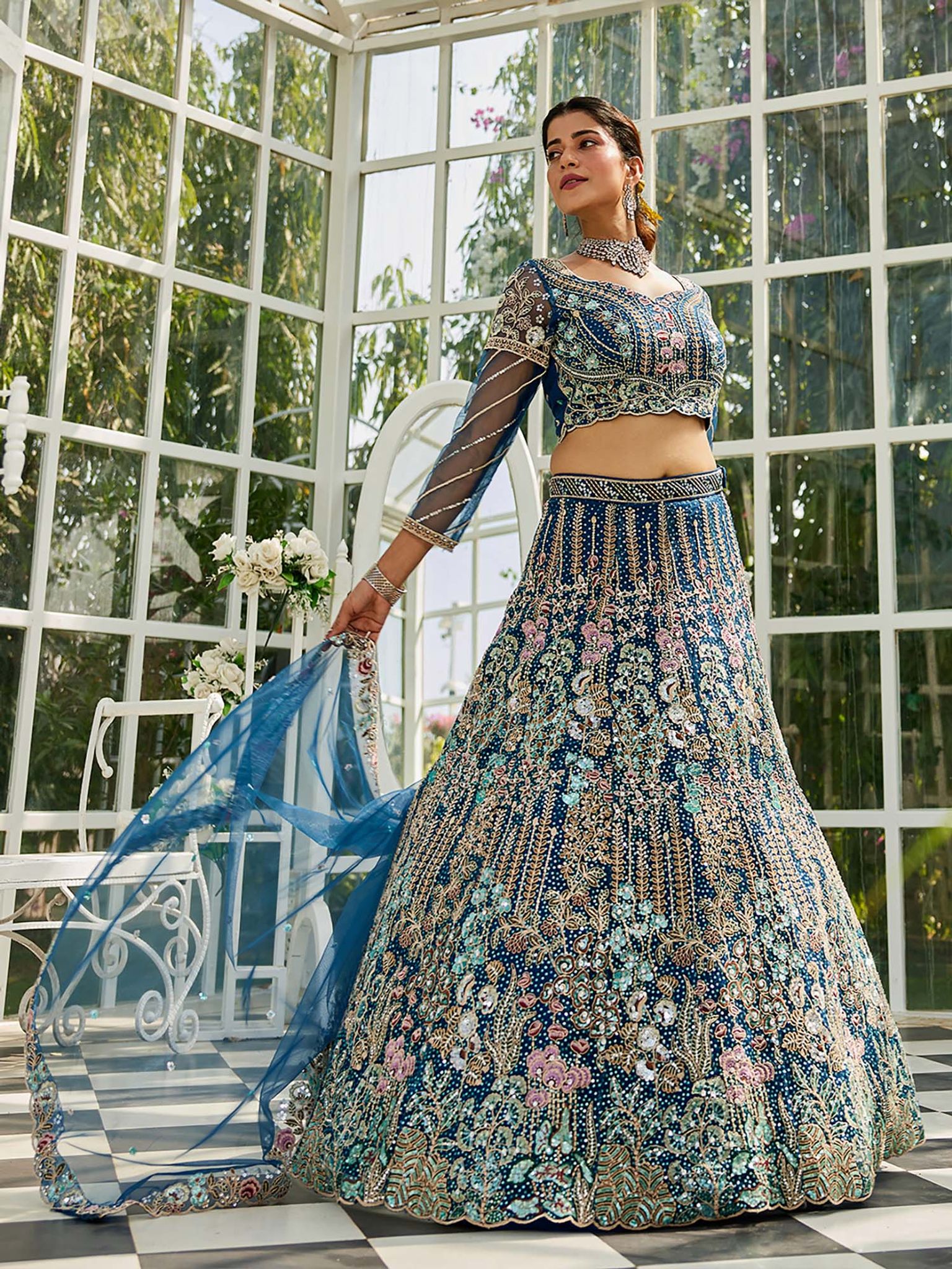 Navy Blue Zarkan Embroidery Semi-Stitched Lehenga with Blouse & Dupatta 