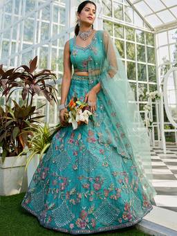 Panchhi - Lime Green Zarkan Embroidery Semi-Stitched Lehenga with Blouse & Dupatta (Set of 3)