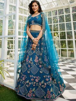 Panchhi - Teal Zarkan Embroidery Semi-Stitched Lehenga with Blouse & Dupatta (Set of 3)
