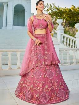 Panchhi - Pink Zarkan Embroidery Semi-Stitched Lehenga with Blouse & Dupatta (Set of 3)