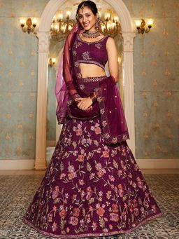 Panchhi - Burgundy Zarkan Embroidery Semi-Stitched Lehenga with Blouse & Dupatta (Set of 3)