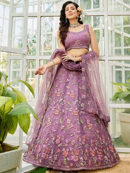 Panchhi - Purple Zarkan Embroidery Semi-Stitched Lehenga with Blouse & Dupatta (Set of 3)