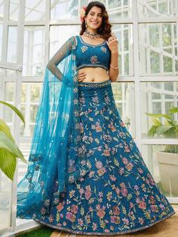 Panchhi - Teal Zarkan Embroidery Semi-Stitched Lehenga with Blouse & Dupatta (Set of 3)