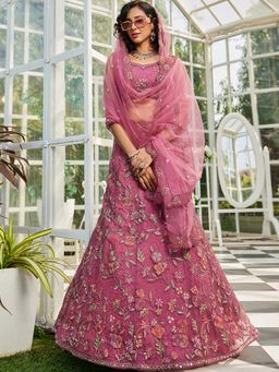 Panchhi - Pink Zarkan Embroidery Semi-Stitched Lehenga with Blouse & Dupatta (Set of 3)