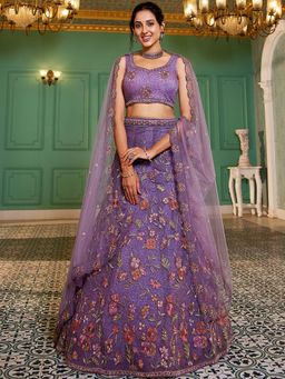 Panchhi - Purple Zarkan Embroidery Semi-Stitched Lehenga with Blouse & Dupatta (Set of 3)