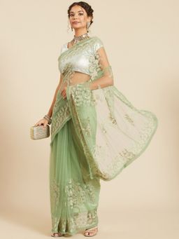 Odette - Light Green Net Embroidered Saree with Unstitched Blouse