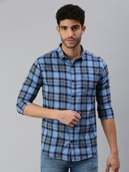 SHOWOFF - Men Roll-Up Sleeves Blue Gingham Checks Shirt