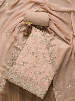 Koskii - Peach Zariwork Semi Crepe Unstitched Salwar Suit (Set of Three)
