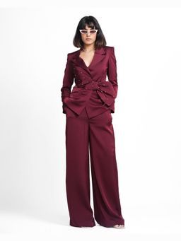 Ahi Clothing - Miranda - Claret Maroon Embellished Blazer with Pant