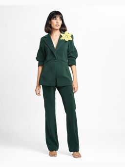 Ahi Clothing - Agatha - Dark Green 3-D Brooch Blazer with Pant