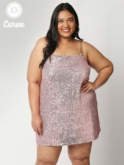 Twenty Dresses by Nykaa Fashion - Curve Pink Sequined Shoulder Straps Mini Dress