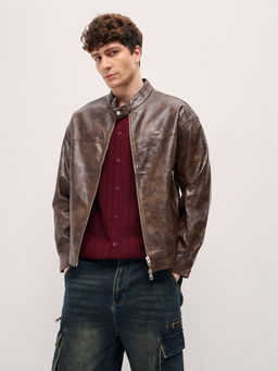 The Bear House - Mens Brown Regular Fit Leather Jacket