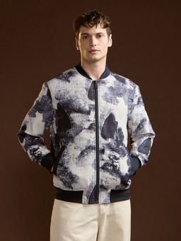 The Bear House - Mens Navy Blue Regular Fit Printed Jacket