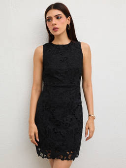 RSVP by Nykaa Fashion - Black Floral Lace Round Neck Sleeveless Fitted Mini Dress
