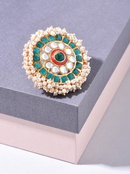Zaveri Pearls - Green & Pink Ethnic Cluster Pearls Circular Finger Ring-ZPFK14491