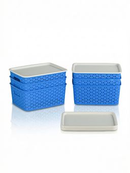 Kuber Industries - Blue Small Solitaire Storage Basket with Lid (Pack Of 6)