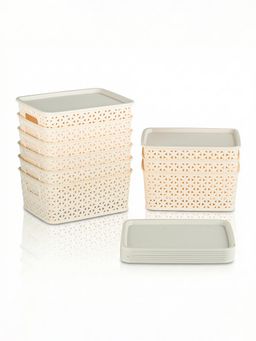 Kuber Industries - Ivory Small Solitaire Storage Basket with Lid (Pack Of 9)