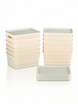 Kuber Industries - Ivory Small Solitaire Storage Basket with Lid (Pack Of 12)