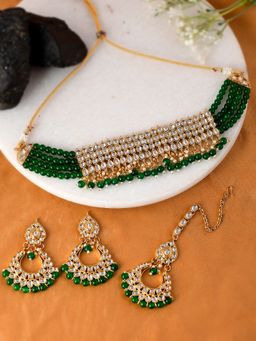 Shoshaa - Gold-Plated Handcrafted Green Kundan Jewellerys (Set of 3)
