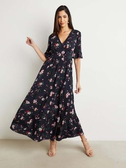 Styli - Blue Floral Print V Neck A-line Maxi Dress With Short Sleeves