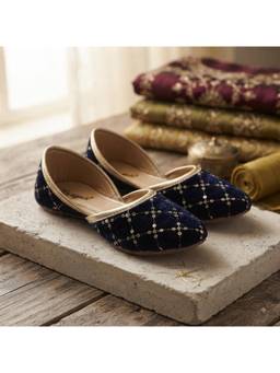 BOYZ N GALZ - Girls Navy Blue Velvet Sequin Embroidered Ethnic Jutti