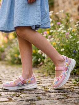 Hopits - Girls Peach Floral Sporty Mary Jane Ballerina