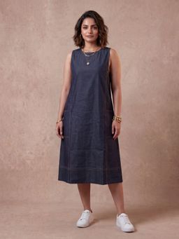 House of Bindiya - Navy Blue Tick - Denim Midi Dress